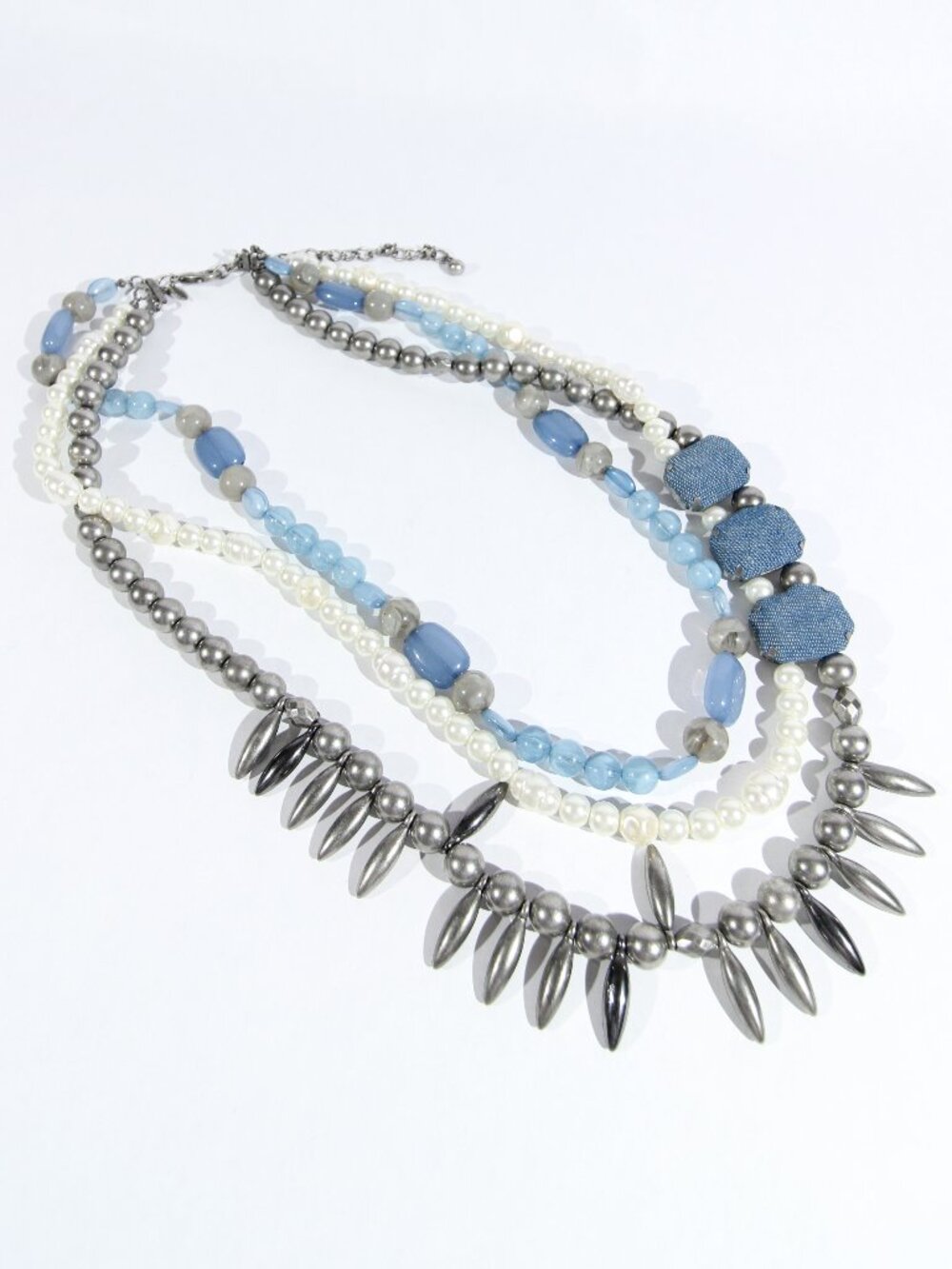 Chico’s 3 Strand Faux White Pearl, Blue and Gray Beads and Blue Fabric Beads